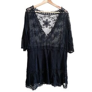 Unbranded Sheer Floral Lace Tunic Plus Size Black Women V-Neck Embroidered